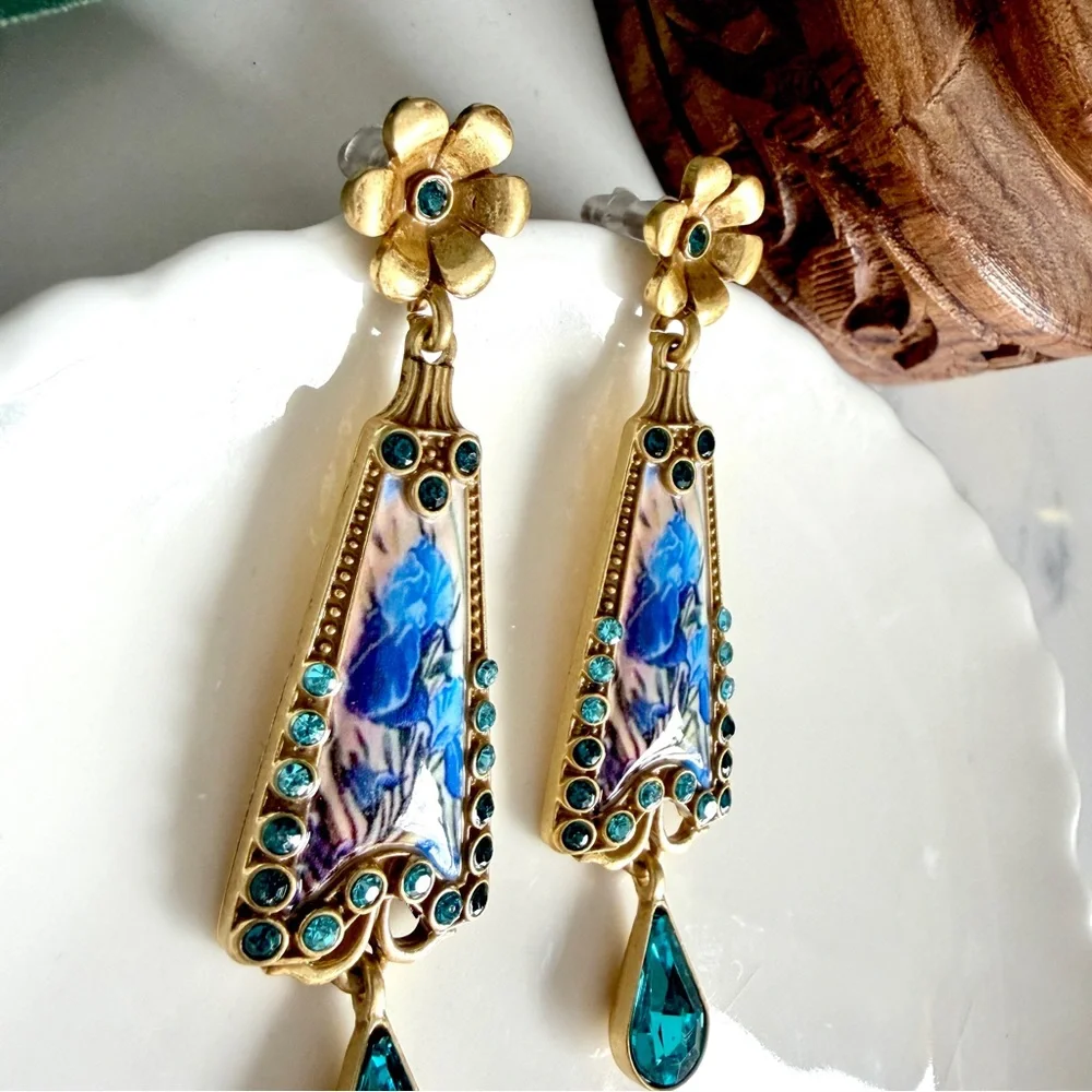 Blue Iris Floral Crystal Earrings Vintage Style Ornate Jewelry Baroque Gift NEW